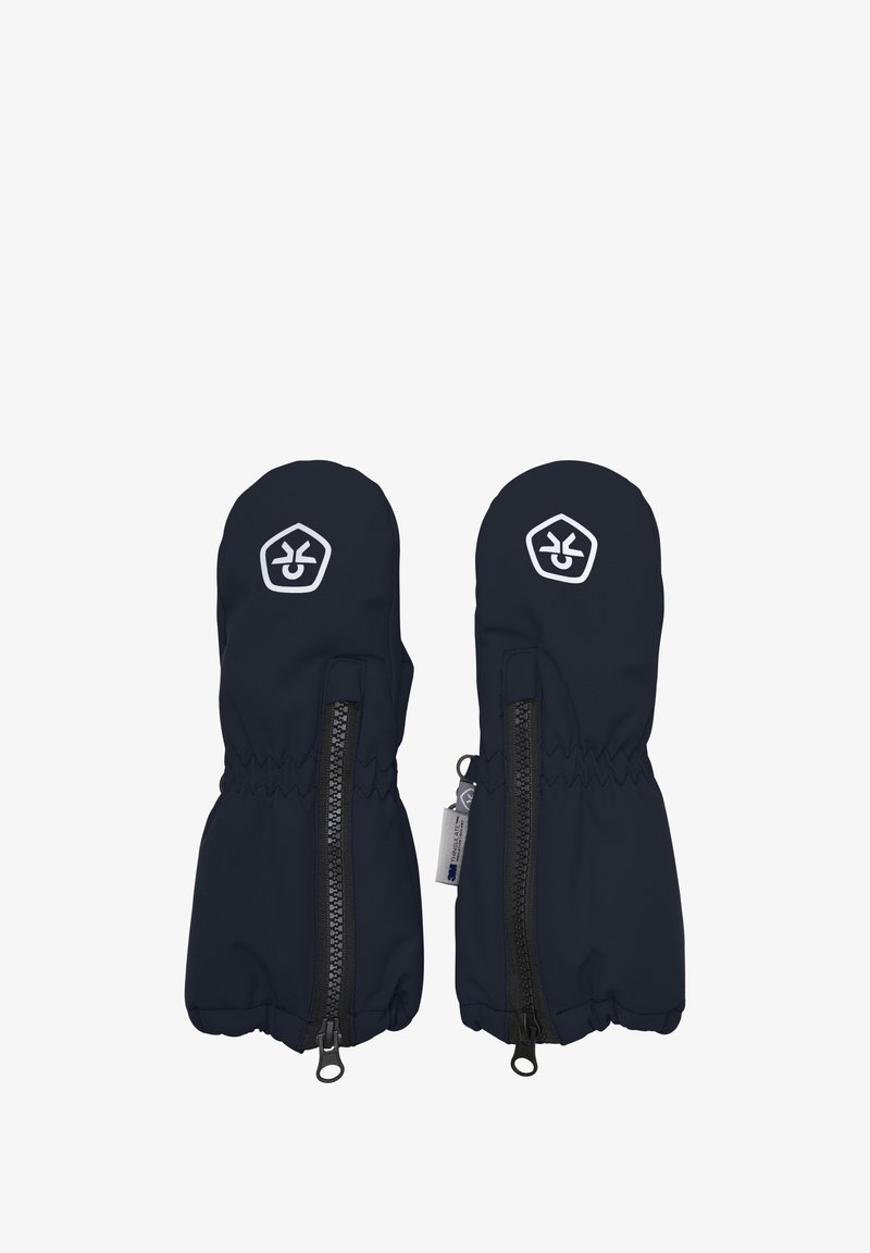 Moufles bleu marine en tissu doux avec fermeture éclair, poignets élastiques et logo blanc à l'avant, conçues pour la chaleur et le confort.