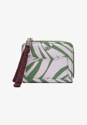 Portfel w zielono-różowy wzór liści z zamknięciem na zamek błyskawiczny, z przednią kieszonką i brązowym chwostem jako uchwytem do zamka. Materiał jest gładki i miękki.