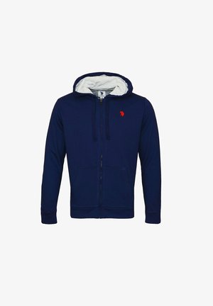 Felpa con zip di colore blu navy, con interno grigio, maniche lunghe, tasche frontalI, cappuccio regolabile con cordino, e un piccolo logo rosso sul petto.