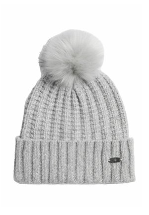 Gray knitted beanie with a ribbed cuff, featuring a fluffy gray pom-pom on top. Material appears soft with a textured finish.