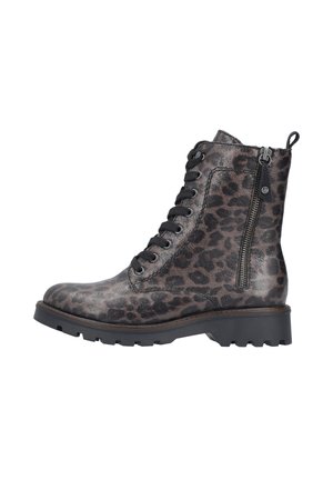 Leder-Ankle-Boots mit einem grauen Leopardenmuster, schwarzen Schnürsenkeln, seitlichem Reißverschluss und einer strukturierten Gummisohle für besseren Halt.