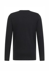 Schwarzes Langarmshirt mit rundem Ausschnitt, ausgestattet mit einer glatten Textur und einfachem Design, ohne sichtbare Muster oder Akzente.