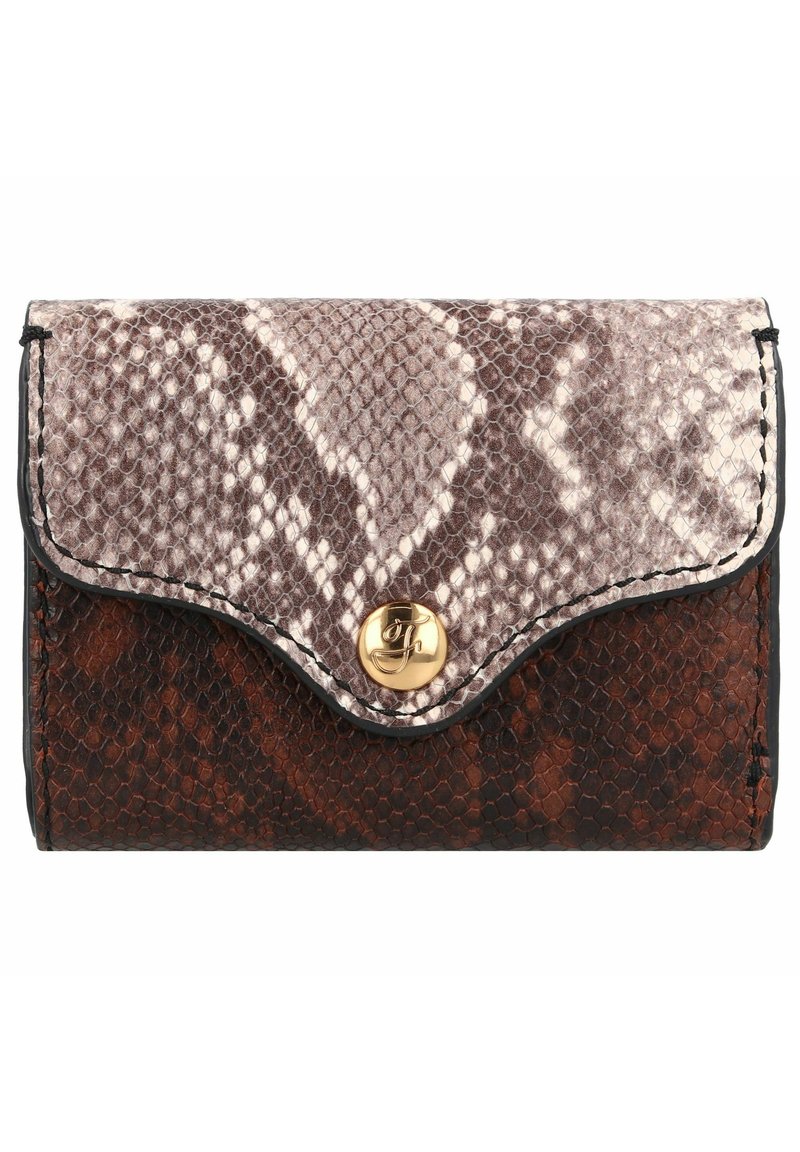 Portefeuille en cuir de serpent dans des tons de marron avec une surface texturée, présentant un rabat incurvé et un accent en métal doré.