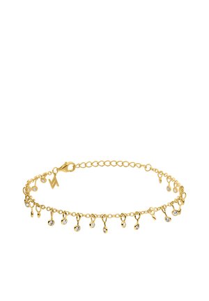 Delicate gold chain bracelet with small round clear gemstones hanging evenly along the length and a lobster clasp closure.