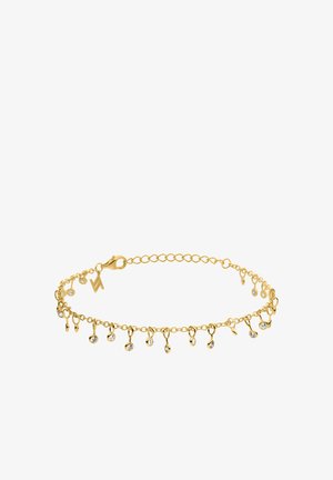 Zarter Goldkettchenarmband mit kleinen, runden, klaren Edelsteinen, die gleichmäßig entlang der Länge hängen, und einem Karabinerverschluss.