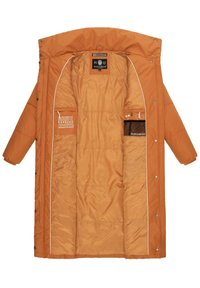 Padded orange parka with a zip closure, white piping, and multiple inner pockets. Lined with smooth fabric; features snap buttons.