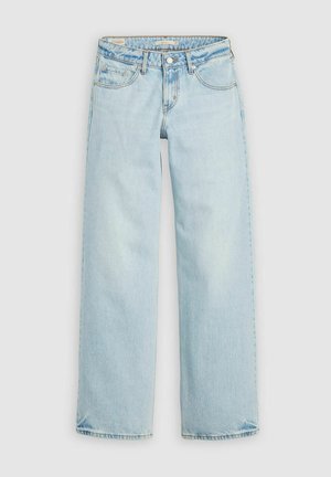 Vaaleansiniset leveälahkeiset farkut denimmateriaalia. Ominaisuuksiin kuuluu klassinen viiden taskun malli, nappisuljenta ja taskujen ompelukoristeet.