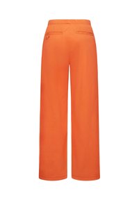 Orange wide-leg trousers with an elastic waistband, featuring two back pockets and a smooth, lightweight fabric.