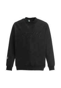 Sudadera negra con tejido texturizado, que presenta un logotipo en relieve "MWM" en el centro y un pequeño logotipo en la manga izquierda. Cuello redondo clásico.