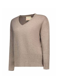 Maglione beige con scollo a V, realizzato in morbidissimo tessuto a maglia, caratterizzato da maniche lunghe e orlo a coste per una maggiore texture.