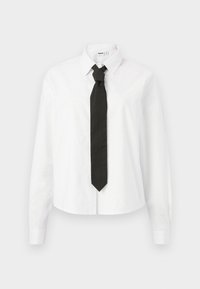 Weißes Langarmshirt mit strukturiertem Kragen und schwarzer Krawatte, mit glattem Baumwollmaterial und einer Knopfleiste vorne.