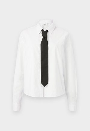 White long-sleeve shirt with a structured collar and a black tie, featuring a smooth cotton texture and a button-down front design.