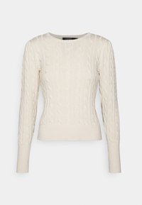 Svetřík s copánkovým vzorem v krémově bílé barvě. Má kulatý výstřih, dlouhé rukávy, žebrované manžety a lem, s celoplošnými texturovanými vzory.