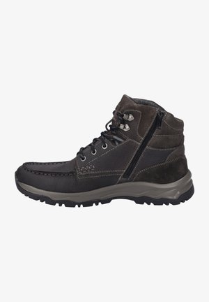 Braune Leder- und Wildleder-Stiefelette mit schwarzer Gummisohle, kontrastierenden Nähten, seitlichem Reißverschluss und Schnürdesign.