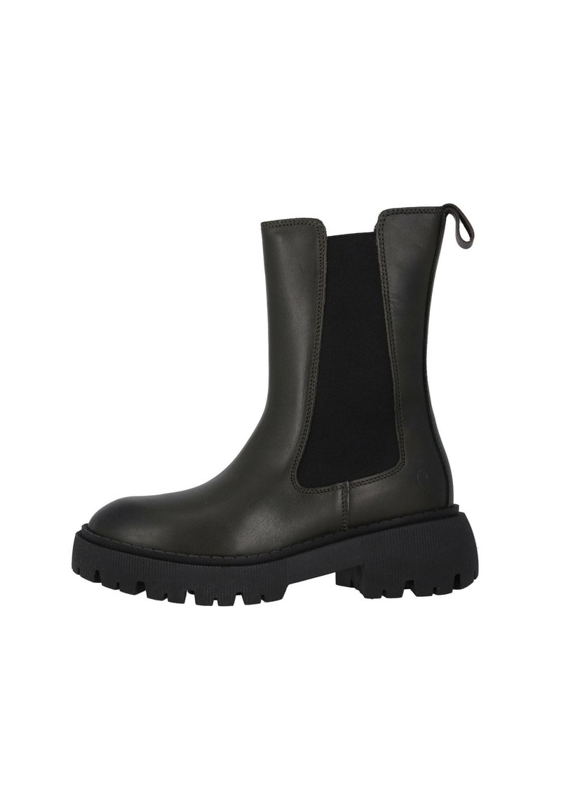 Mörkgrön läder Chelsea-boot med texturerade sidopaneler, robust svart sula, dragflik baktill och robust mönsterdesign.