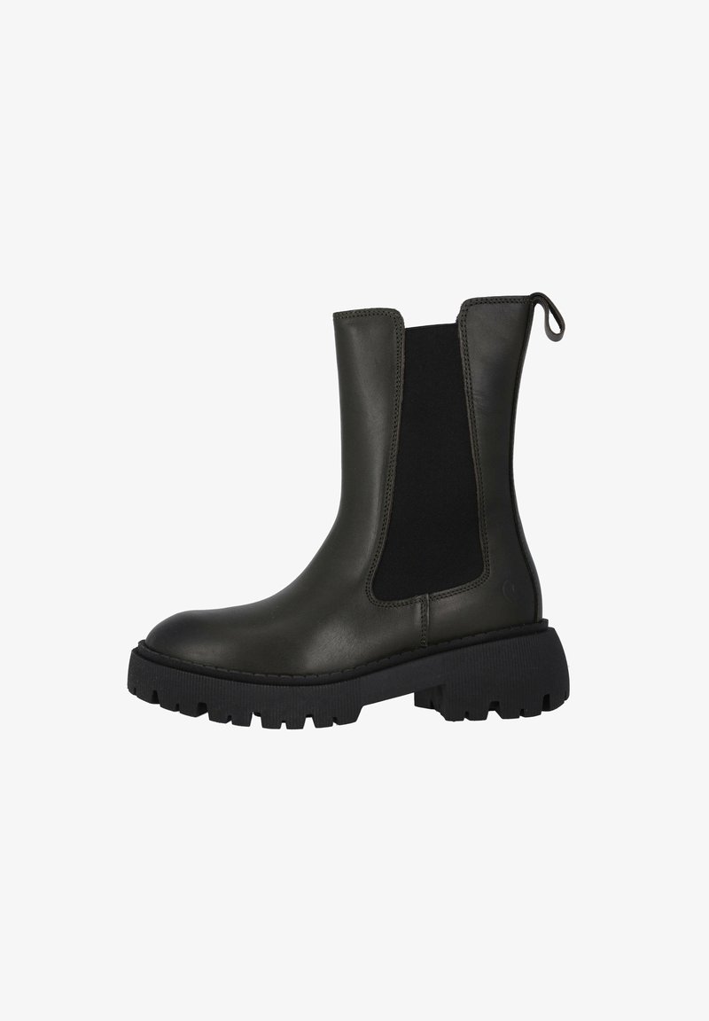 Mörkgrön läder Chelsea-boot med texturerade sidopaneler, robust svart sula, dragflik baktill och robust mönsterdesign.