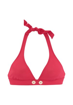 Red halter bikini top with two white buttons on the front band, tied at the neck with a knot.