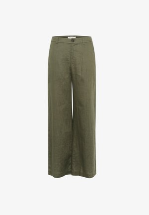 Pantalons larges couleur vert olive en tissu texturé, dotés d'une fermeture à bouton, de passants de ceinture et d'un design ajusté avec des lignes épurées.