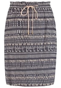 Jupe noire avec un motif horizontal en pointillés blancs et un cordon beige noué en nœud à la taille élastique.