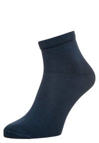 Calzino alla caviglia blu navy realizzato in un tessuto liscio ed elasticizzato. Presenta un gambale a coste e una punta rinforzata per una maggiore durata.