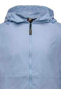 Light blue jacket with a zip closure, adjustable hood, and mesh lining. Features black hardware and stitching details. Suitable for layering.