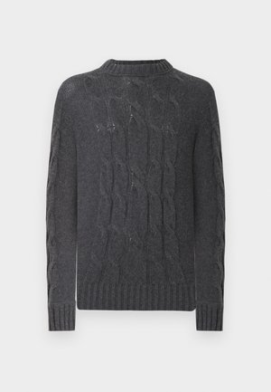 Temno siva pletena pulover s kabelskim vzorcem, rebrastim izrezom, manšetami in robom. Dolgi rokavi, enakomerna tekstura in sproščen kroj.