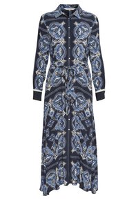 Robe bleu marine avec un motif floral et géométrique, manches longues, col, fermeture à boutons et détail de taille nouée. Fabriquée en tissu léger.