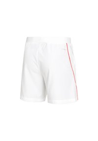 Shorts blancs en tissu lisse et léger, dotés d'une bande latérale rouge et d'une taille élastique pour le confort. Détails de conception minimalistes.