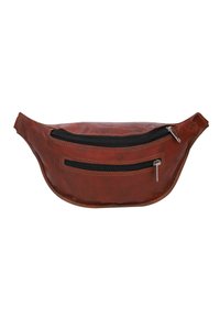 Ruda odinė fanny pack'as su dviem užtrauktukais priekinėse kišenėse, kreivai formuotas, su kontrastine siūle ir lygia tekstūra.