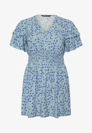 Lyseblå kjole med små mørkeblå og lilla blomster, V-hals, korte flæseærmer og elastisk talje med rynk.