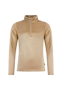 Langarm, rits-hals top van een gladde, glanzende beige stof met een hoge kraag en zonder zichtbare naden, met een subtiele textuur.