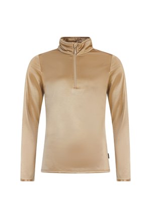 Pitkähihainen, vetoketjullinen paita sileästä, kiiltävästä Beige-kankaasta, jossa on korkea kaulus ja ei näkyviä saumoja, siinä on hienovarainen rakenne.