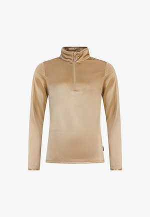 Ilgų rankovių, užtraukiama viršūnė, pasiūta iš glotnaus, blizgaus smėlio spalvos audinio su aukštu apykakle ir nematomomis siūlėmis, pasižyminti subtiliu tekstūru.