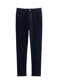 Jean en denim bleu foncé avec une coupe slim, un design à cinq poches, une fermeture à bouton et des coutures contrastées. Texture lisse sans usure visible.
