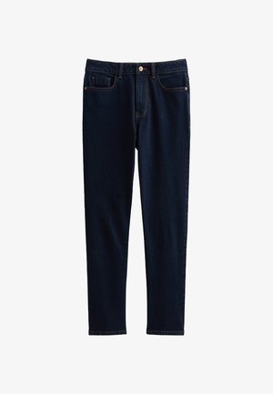 Dark blue denim jeans with a slim fit, five-pocket design, button fly, and contrast stitching. Smooth texture with no visible distressing.