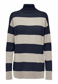 Gestreifter Rollkragenpullover in Navyblau und Beige. Weiches Strickmaterial mit breiten horizontalen Streifen sowie geripptem Kragen und Bündchen. Lässige Passform.