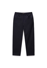 Marinblå denimbyxor med rak bendesign, fyra fickor, dragkedja och knapp som stängning samt en texturerad yta.