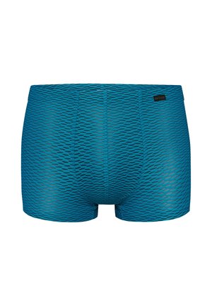 Blaue Herrenboxershorts mit einer strukturierten, honigwabenähnlichen Mesh-Struktur und einem kleinen schwarzen Markenlabel am Bund.