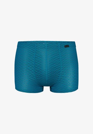 Blaue Herrenboxershorts mit einer strukturierten, honigwabenähnlichen Mesh-Struktur und einem kleinen schwarzen Markenlabel am Bund.
