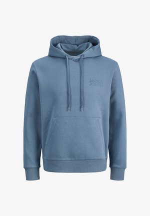 Modra bombažna jopa s kapuco in vrvicami, sprednjim žepom, rebrastimi manšetami ter majhnim vtisnjenim logotipom na prsih. Mehka, enobarvna tekstura.