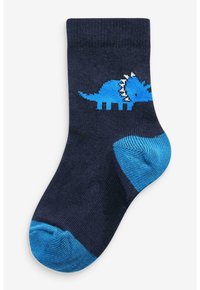 Calcetín azul marino con un patrón de dinosaurios azules, con acentos de color azul claro en la punta y el talón. Fabricado con material suave y elástico.