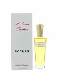 Madame Rochas eau de toilette dalam botol kaca bening dengan tutup emas, disertai kotak putih yang menampilkan teks merah dan biru. 100 ml.
