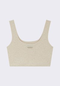 Bralette beige court avec de larges bretelles, texture côtelée et décolleté en scoop. Comprend un accent métallique subtil au centre avant.