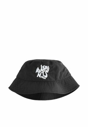 Zwarte emmerhoed met brede rand, gemaakt van gestructureerde stof, met witte logo-borduursel waarop "ALLSAINTS LONDON" staat.