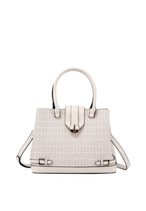 Borsa da donna di design bianca con motivo monogramma, manici superiori, patta frontale con chiusura dorata e tracolla regolabile.