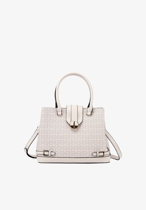 Borsa da donna di design bianca con motivo monogramma, manici superiori, patta frontale con chiusura dorata e tracolla regolabile.