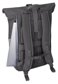 Gray roll-top backpack with padded straps, mesh back, and side pocket for a laptop. Features adjustable straps and buckles for secure fit.