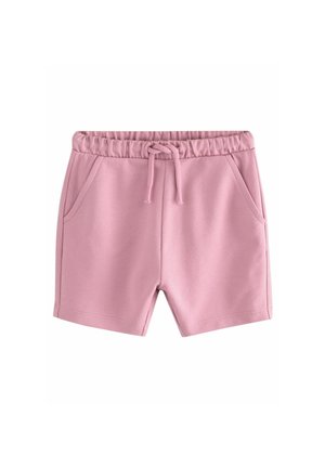 Helle rosa Baumwollshorts mit einem elastischen Bund, Kordelzug und zwei Fronttaschen. Glatte Textur mit genähten Nähten.