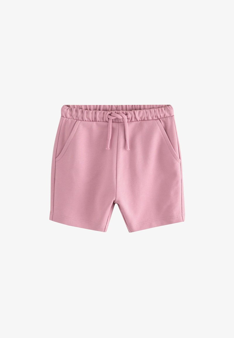 Shorts en coton rose clair avec une taille élastique, un cordon de serrage et deux poches avant. Texture lisse avec des coutures surpiquées.
