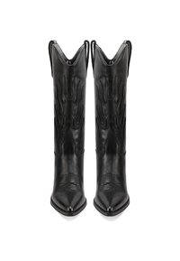 Un paio di stivali da cowboy in pelle nera con motivi a fiamma cuciti e punte appuntite, in piedi uno accanto all'altro su sfondo bianco.